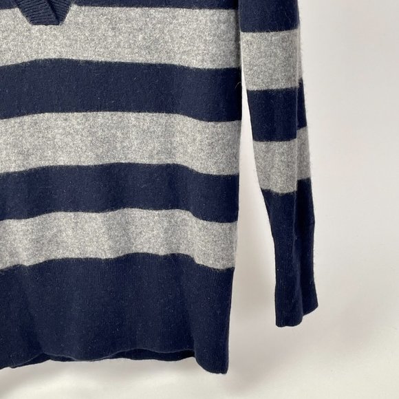 Vince 100% Cashmere Long Line V Neck Sweater, Navy/Grey Stripes, Size L - Picture 4 of 8